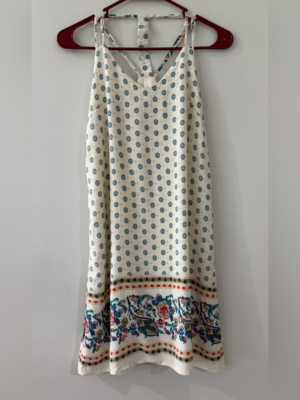 mahina Cream Blue Paisley Floral Print Lined Women's Mini Sun Dress Beach Boho
